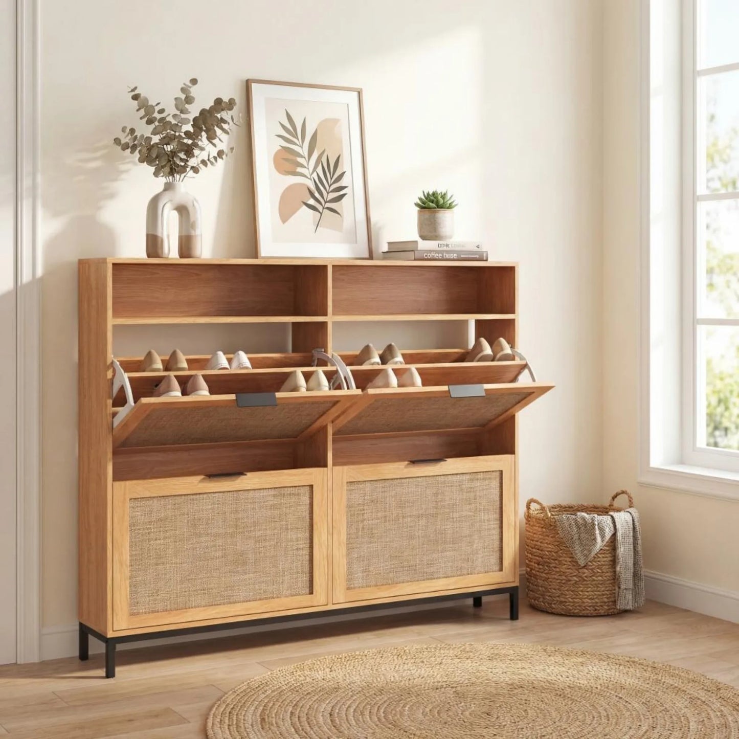 Shoe Storage Cabinet w/ 4 Flip Drawers, Adjustable Shelves, Open Compartments