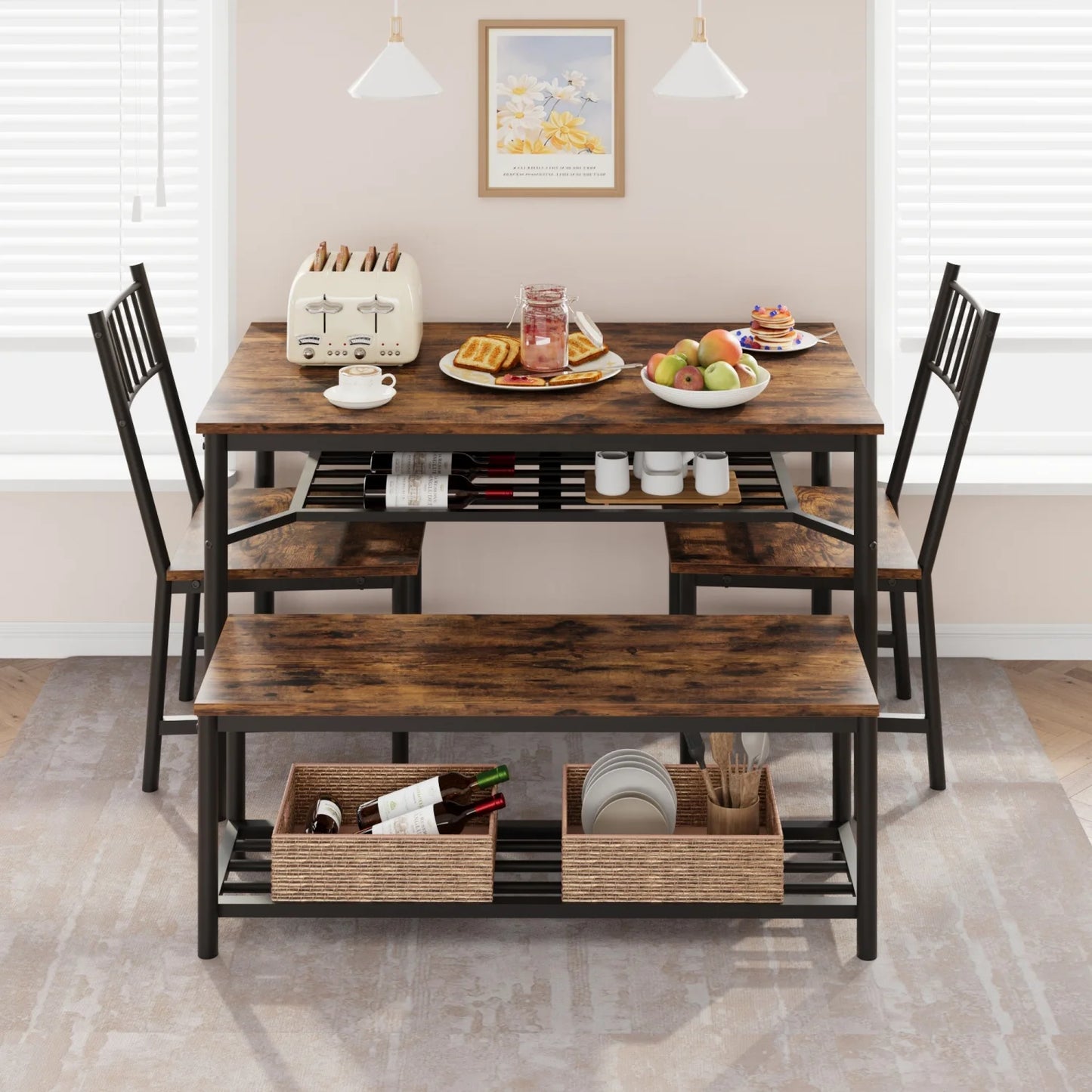 4 Piece Dining Table Set with Chairs and Storage Bench –Kitchen Table with Wine Rack –Metal Frame –Dining Table and Chairs for 4