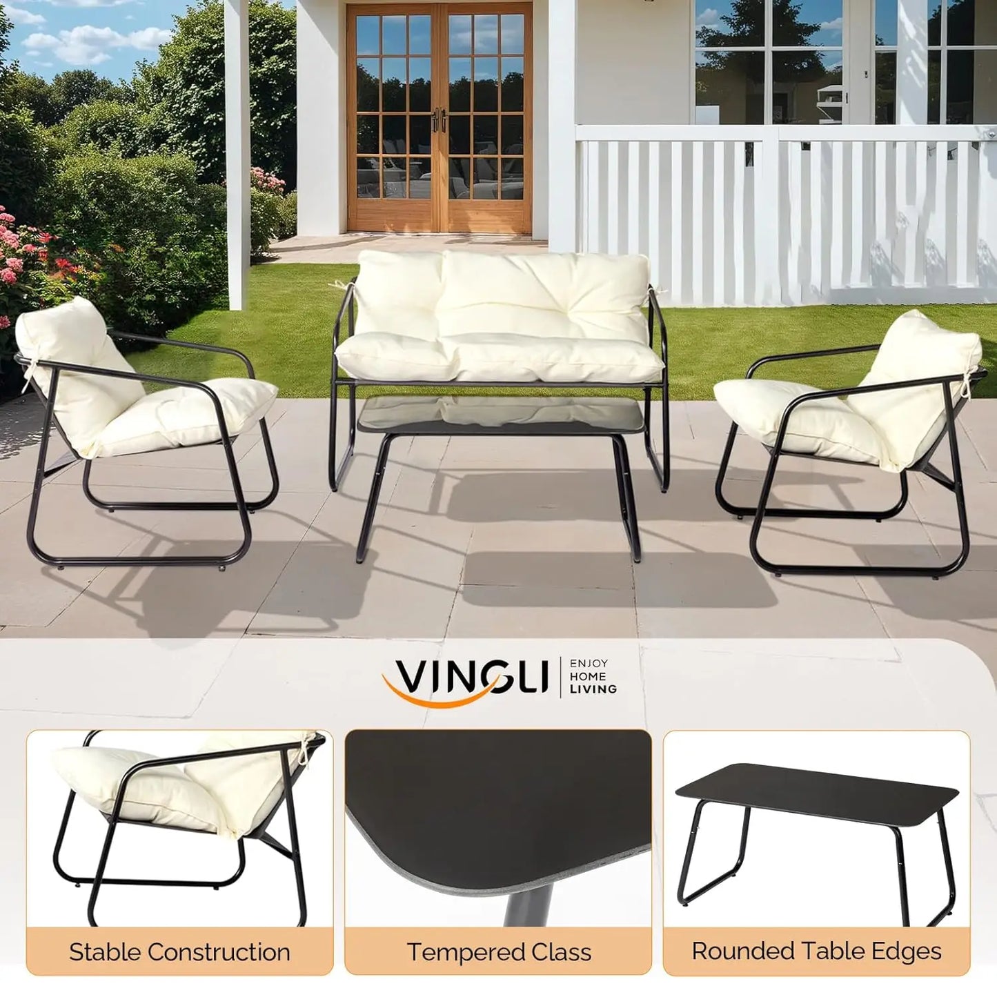 4 Piece Patio Conversation Set Outdoor All Weather Coffee Table Cushions