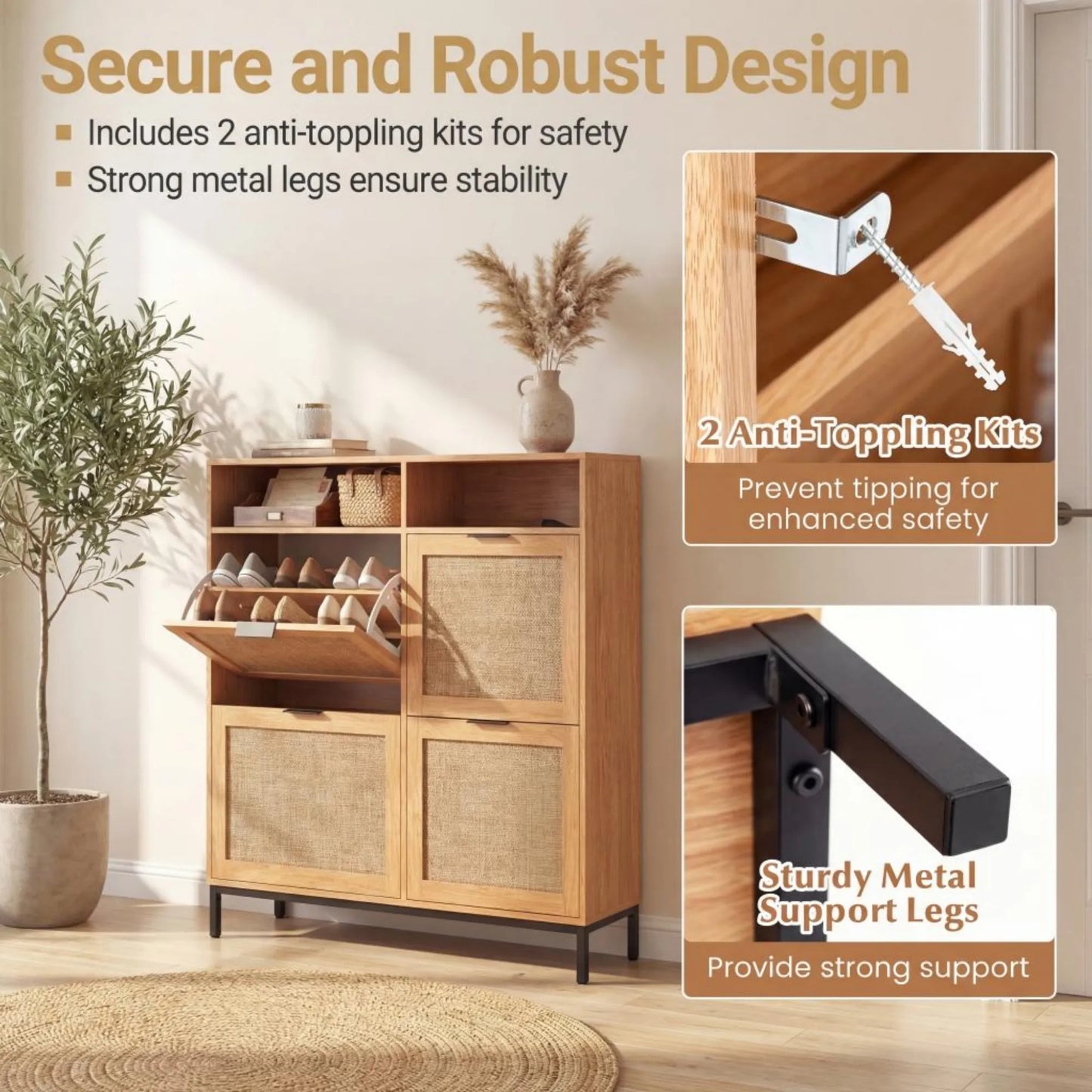 Shoe Storage Cabinet w/ 4 Flip Drawers, Adjustable Shelves, Open Compartments