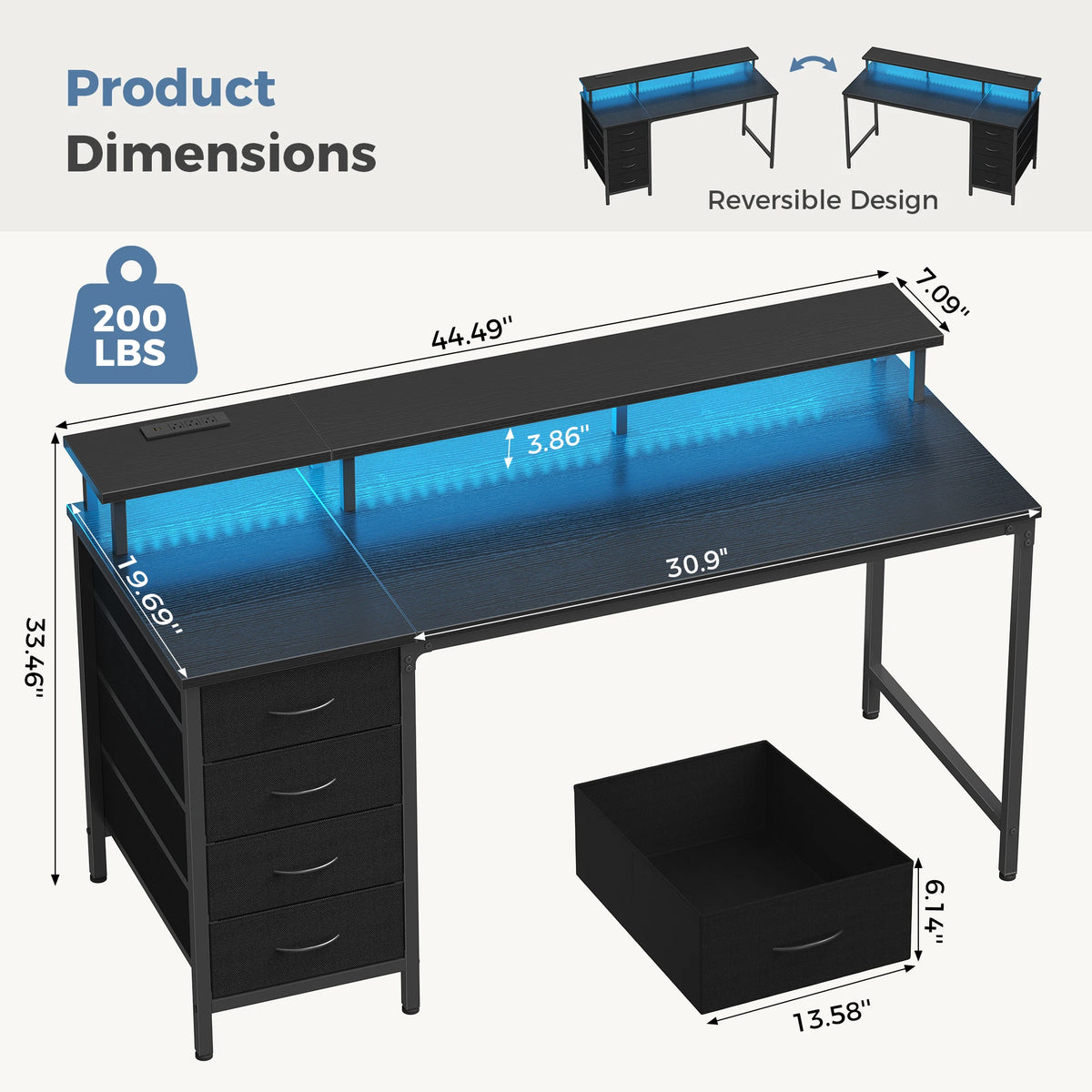 JHK Gaming Desk with Drawers, Power Outlets and LED Lighting