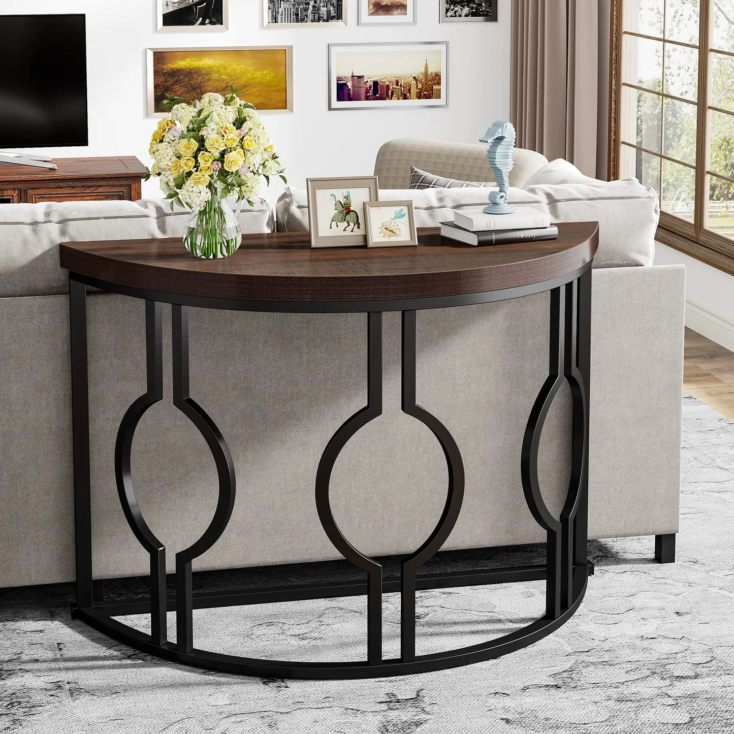Tribesigns Half Moon Console Table With Geometric Wood Base