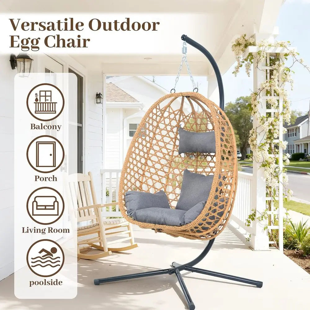 Hanging Egg Chair with Stand,All-Weather Rattan,330LBS ,Grey | Swing Chair with stand & thick cushions,330lb acity,rust-proo e,w