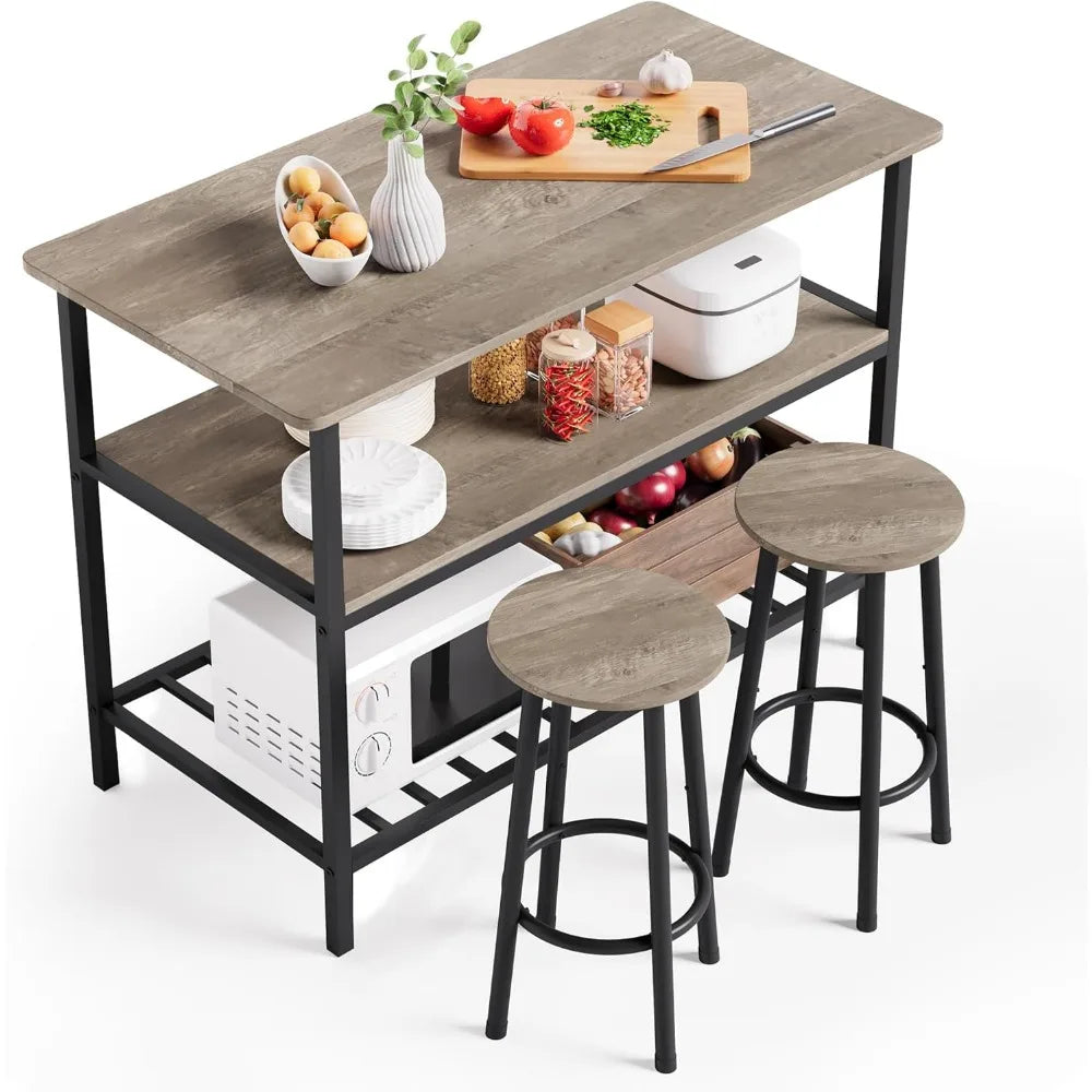 Island Table with Seating and Storage, Stationary Kitchen Storage Islands with 3 Shelves, Wooden Counter Height Table Top w