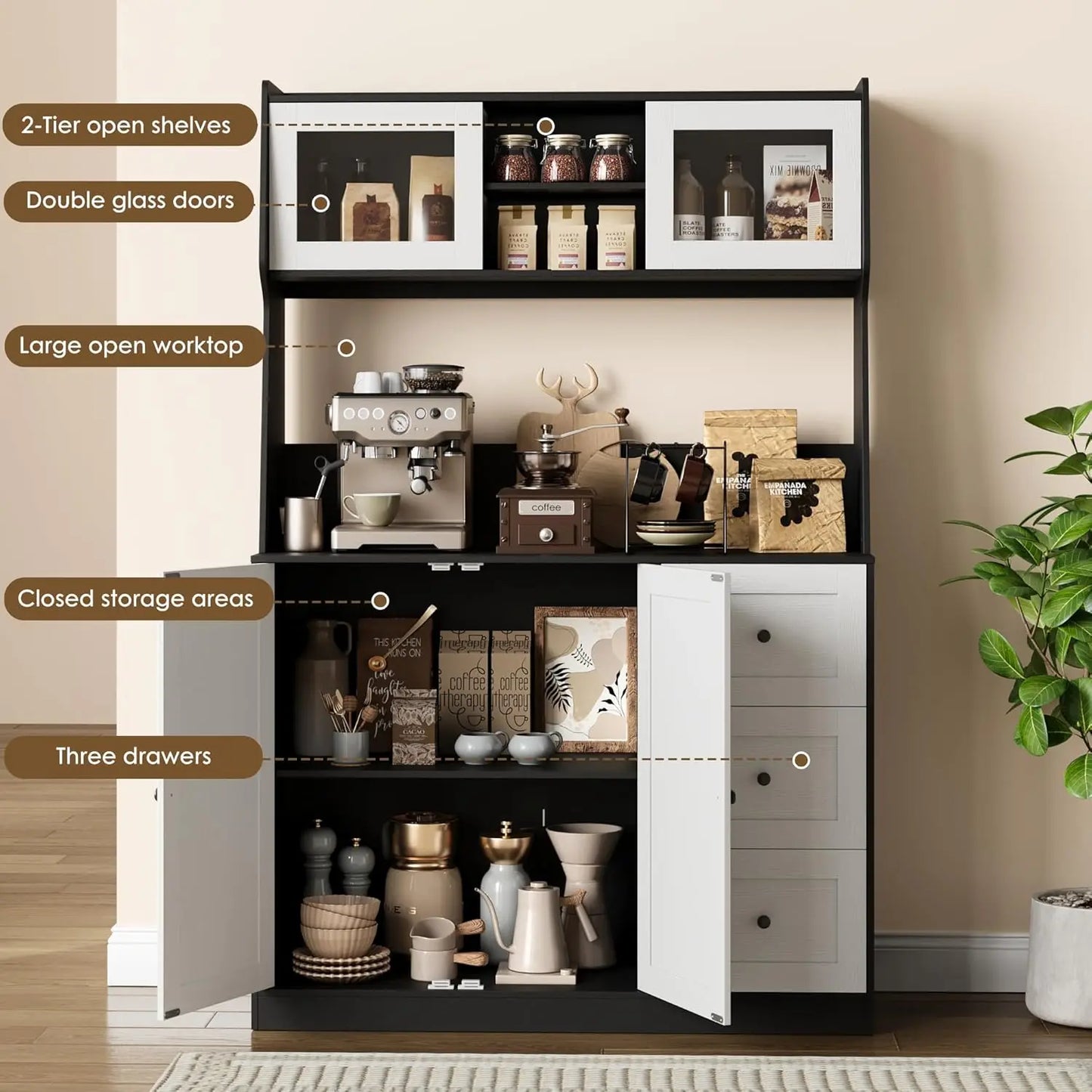 67"Tall Kitchen Pantry Cabinet Buffet Cabinet Sideboard Storage Hutch Cabinet with Drawers & Adjustable Shelves for Dining Room