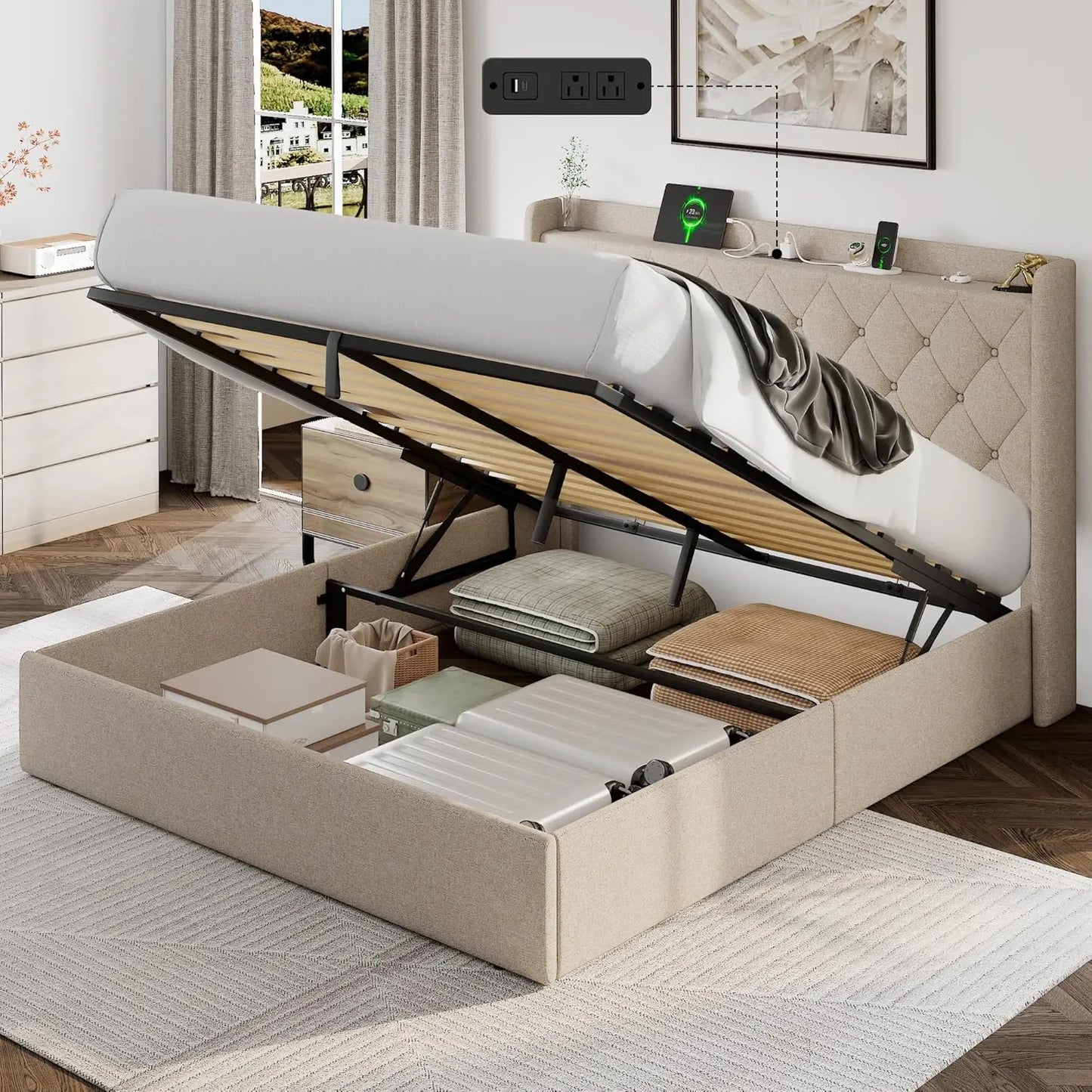 Queen Lift Up Storage Bed Frame with Headboard, Upholstered Bed Frame with Charging Station, No Box Spring Needed,, Custom