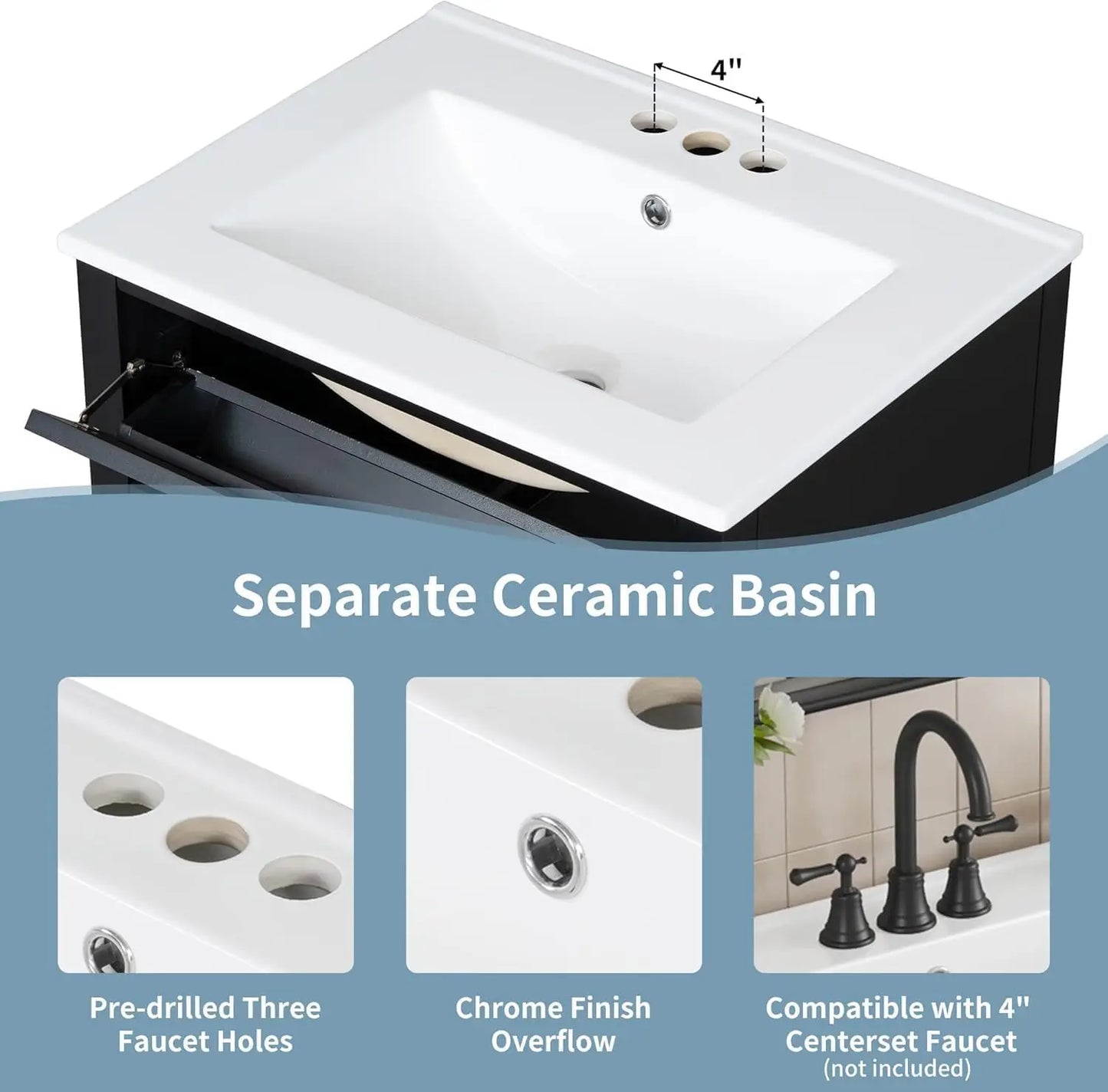 24" Bathroom Vanity with Sink Combo Set, Bathroom Cabinet with 3 Drawers and a Tip-Out Drawer, Adjustable Shelves, Soft, Custom