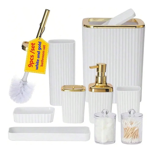 Nine-Piece Plastic Bathroom Accessories Set With Toothbrush Holder Dispenser