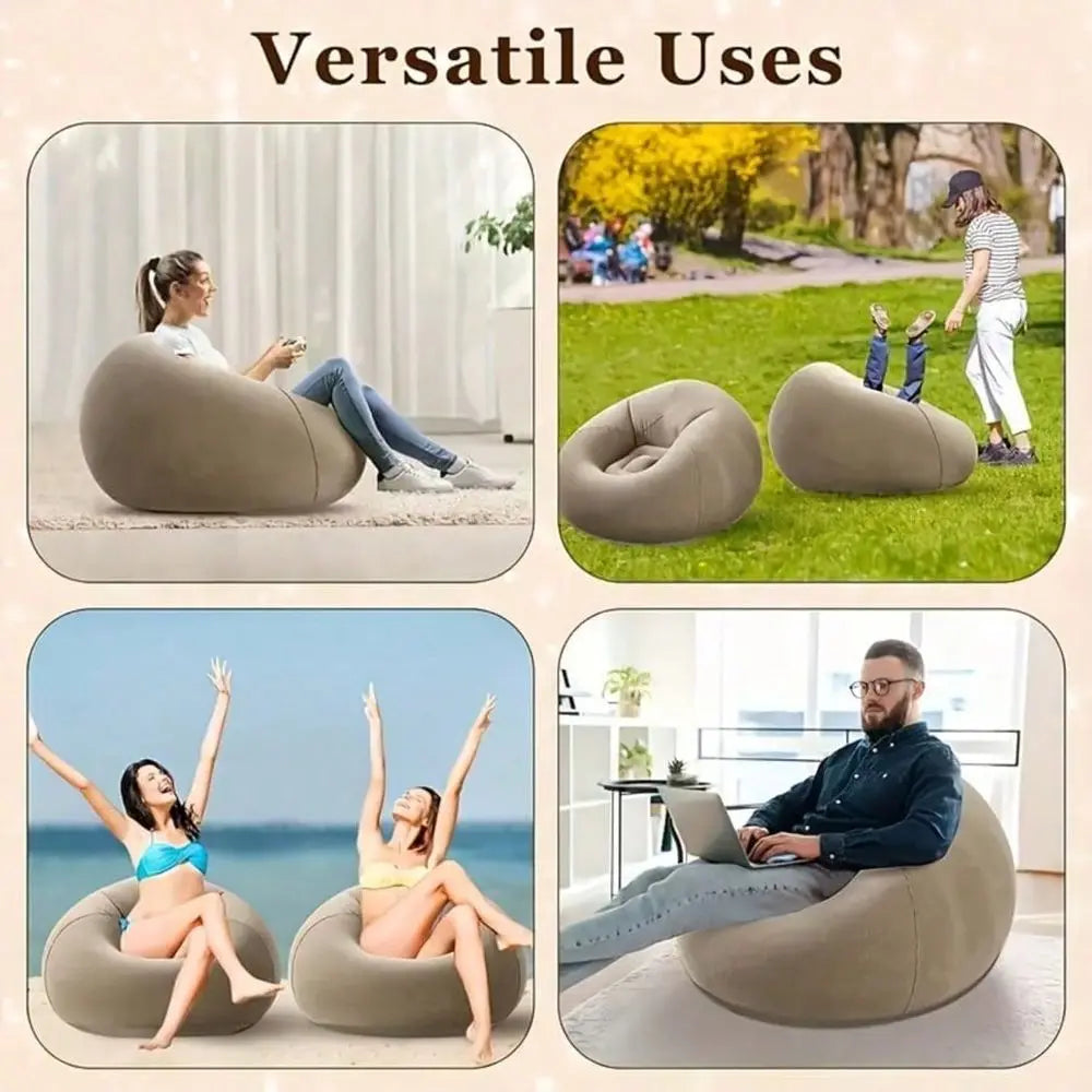 Blue Round Inflatable Single Sofa Chair, Comfort Inflatable Bean Bag Lounger For Indoor, Camping & Picnic