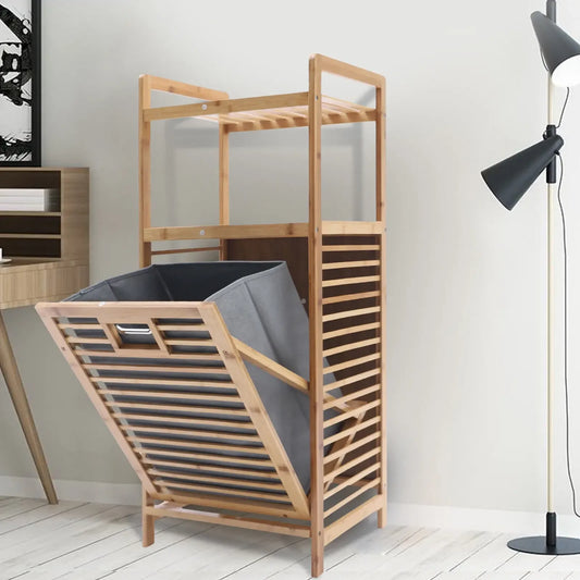 Tilt-Out Bamboo Laundry Hamper Cabinet With 2-Tier Shelf