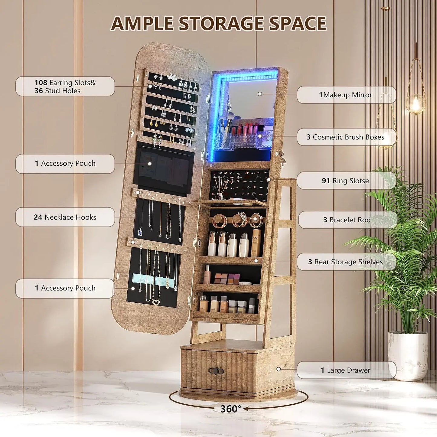 360°Swivel jewelry organizer with Full Length Mirror with Lights,Jewelry Armoires Cabinet Standing with Drawer,Large, Custom