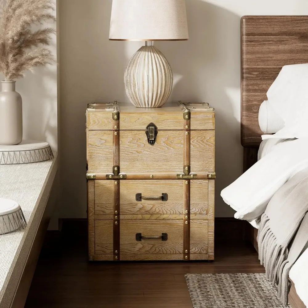 MOYU Vintage Storage Chest Buckle Hinged Top Wood End Table