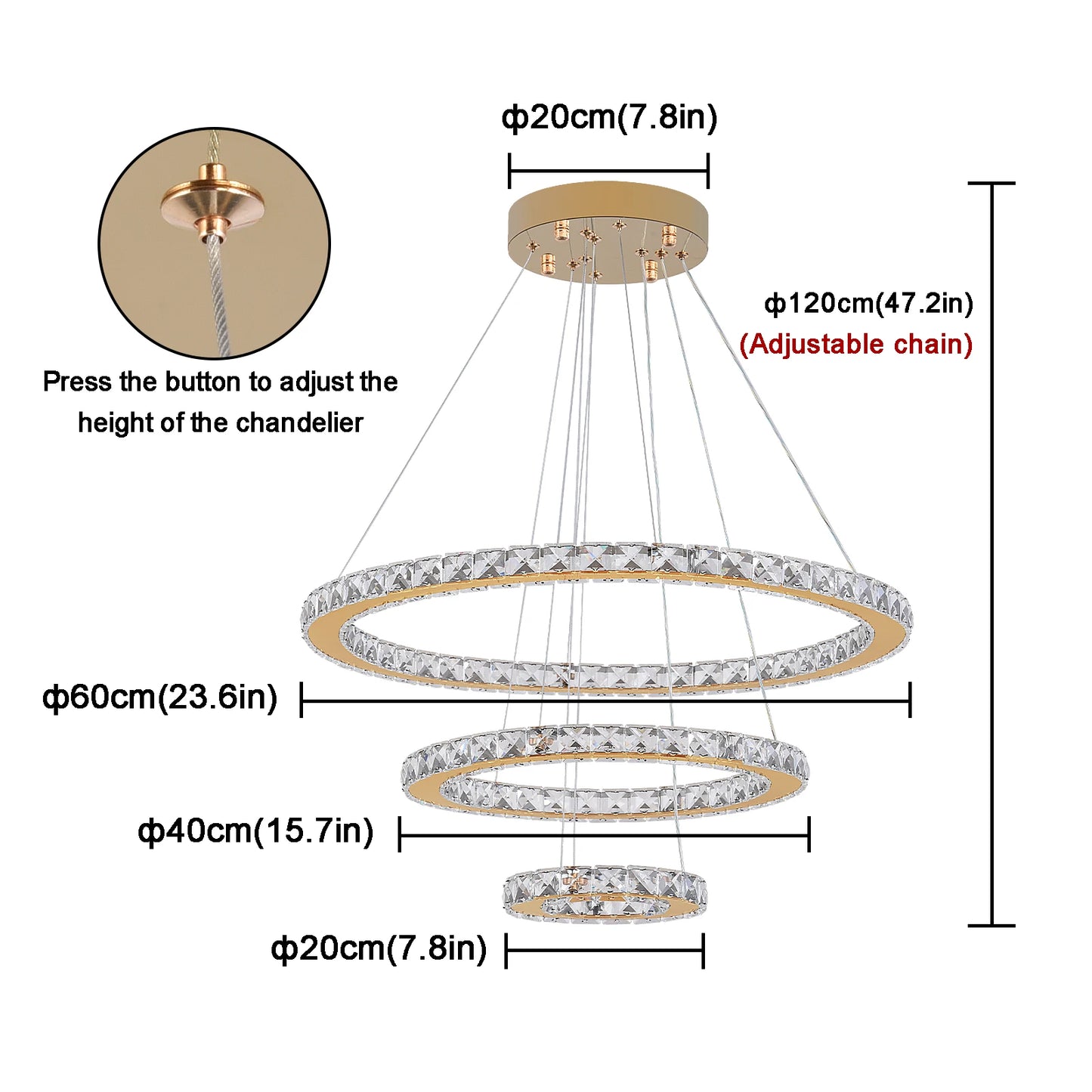 VETRULUS Crystal Ceiling Chandelier Three Ring Lighting