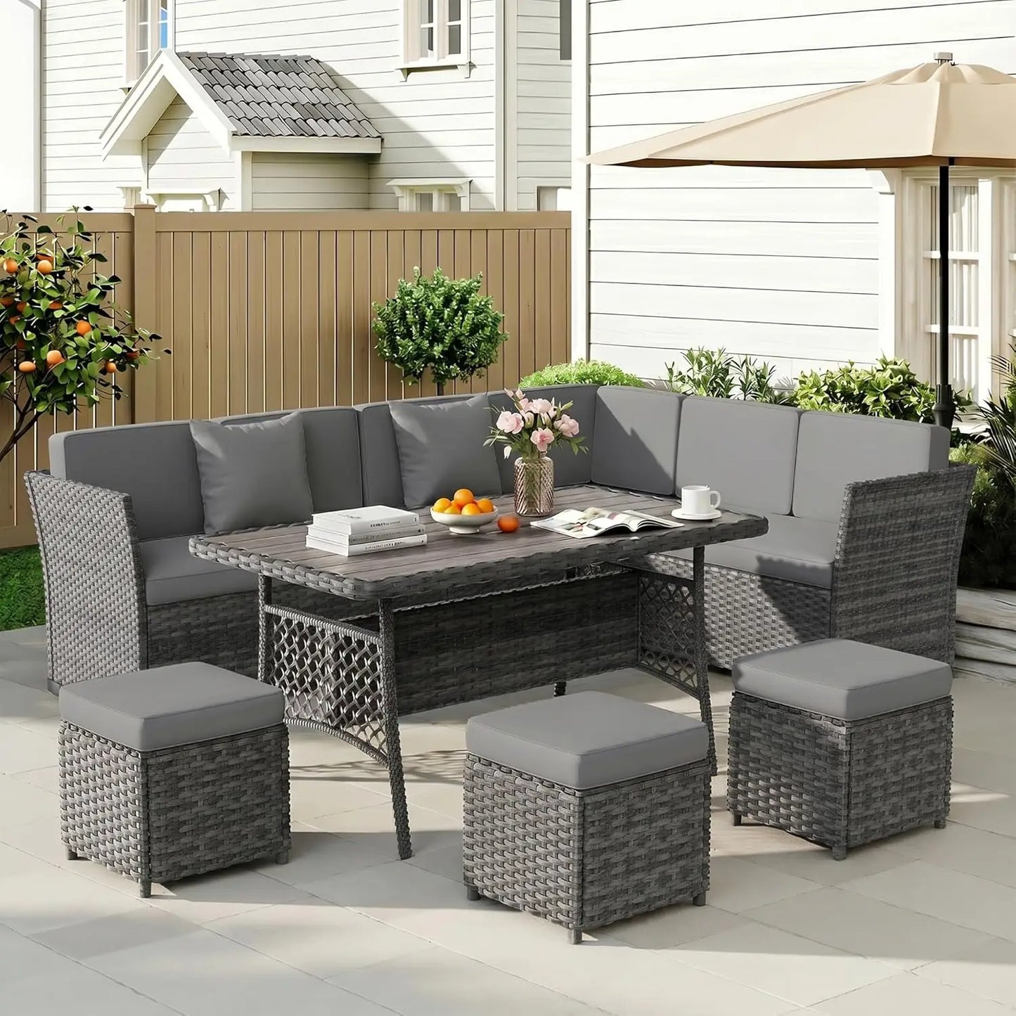 7 Pieces Patio Furniture Set, Outdoor Patio Furniture, Wicker Conversation Set with Dining Table, Chairs and Ottoman, Custom