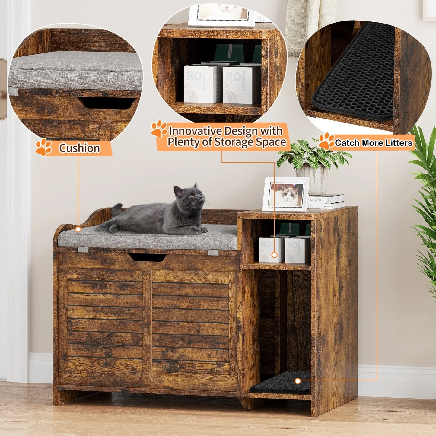 Litter Box Enclosure with Top Opening and Pad, Hidden Litter Box Furniture, Cat Litter Box Cabinet with Scratch Pad