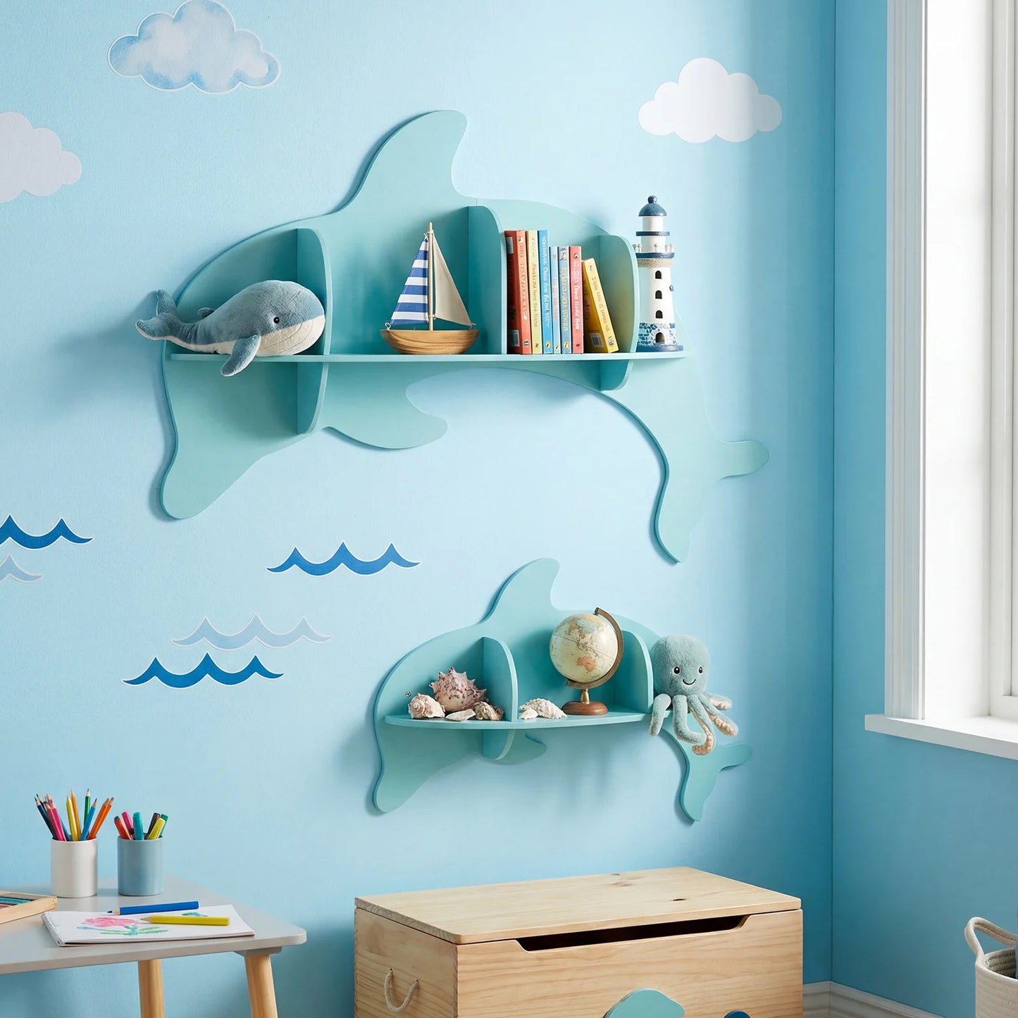2PCS Floating Dolphin Shelves w/ Compartments Cute Corner Bookshelves for Nursery