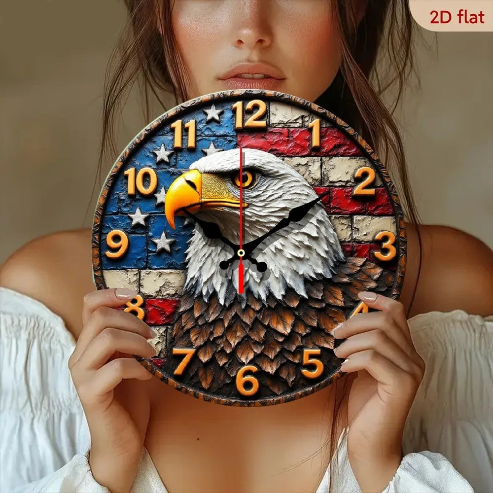 1pc Eagle Silent Round Wall Clock with Flag & Eagle Design - Large Hands, Face & Red/ Star-Spangled Background - Wooden Frame Qu