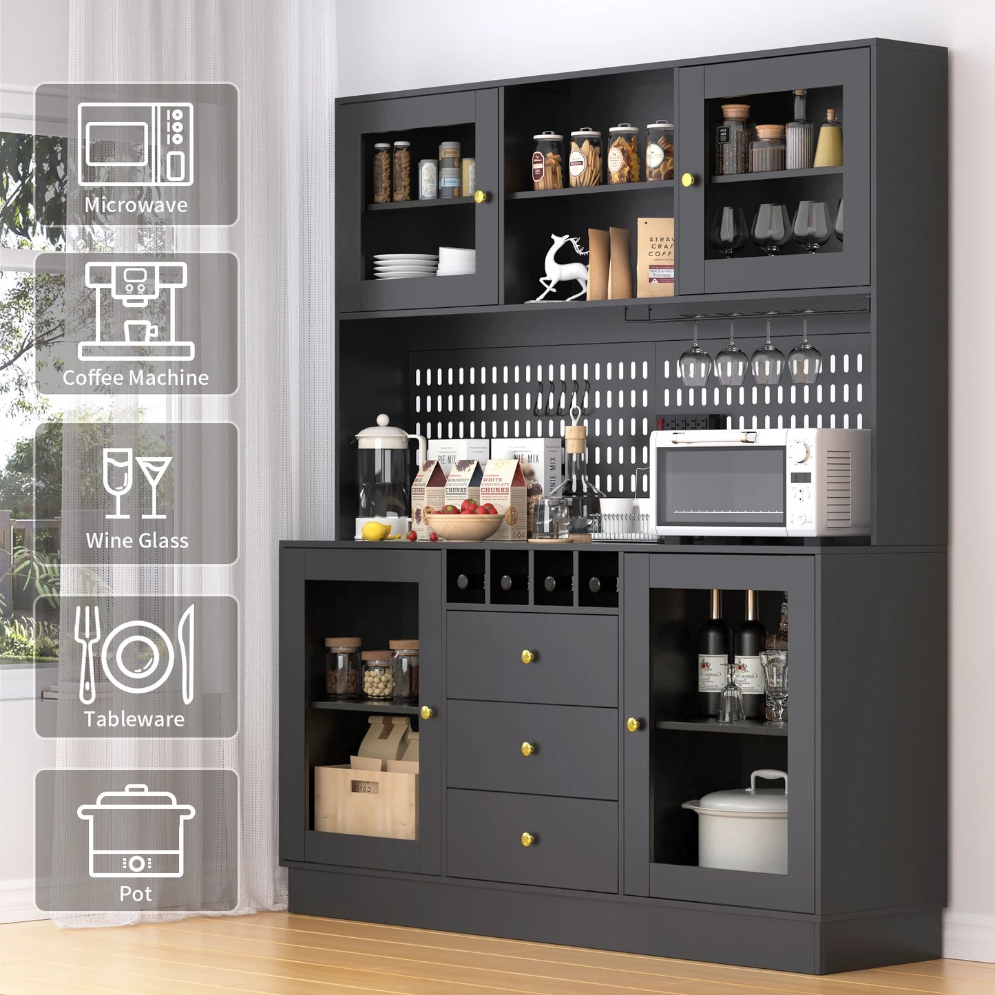 VOWNER Pantry Cabinet Freestanding Kitchen Storage Buffet Hutch With Pegboard
