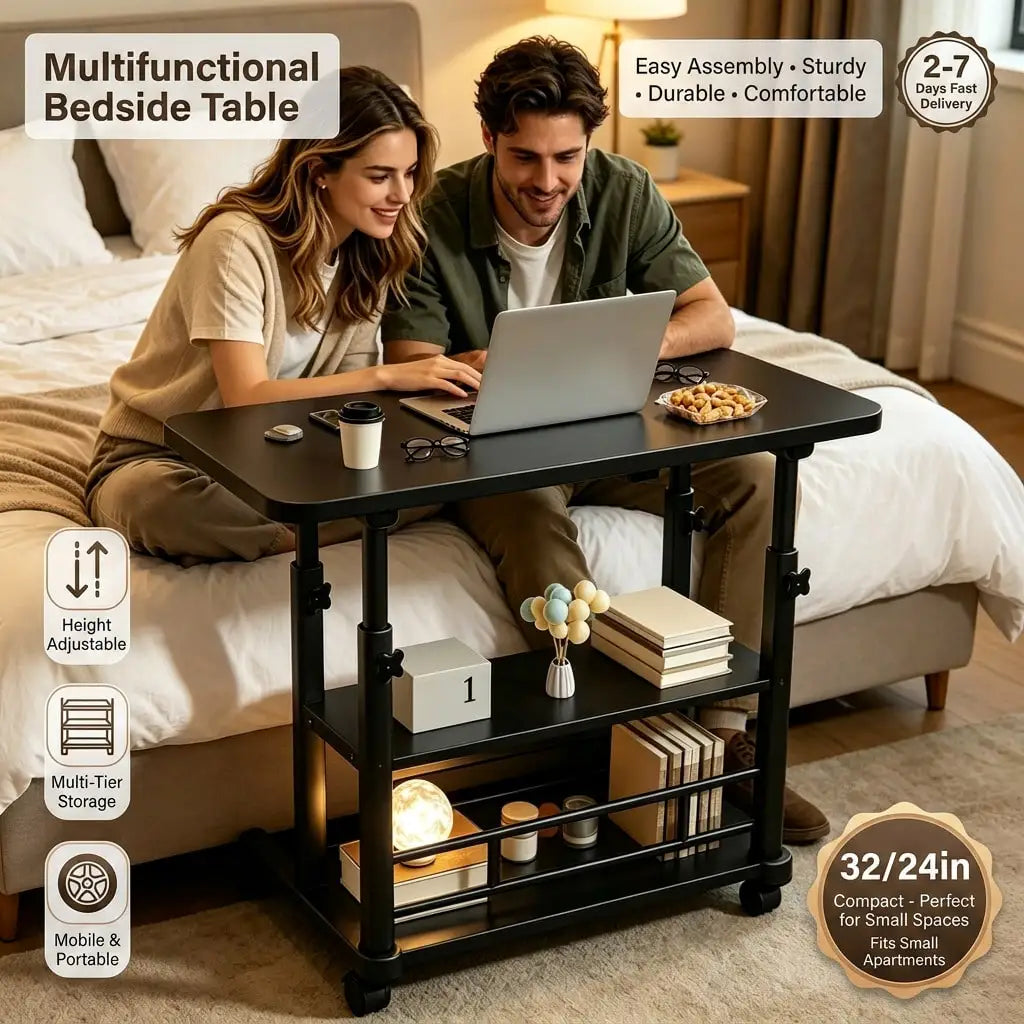 24/32"Multifunctional Adjustable Height Mobile Side Table, Multi-Layer Storage Office Computer Desk With Thickened Metal Frame