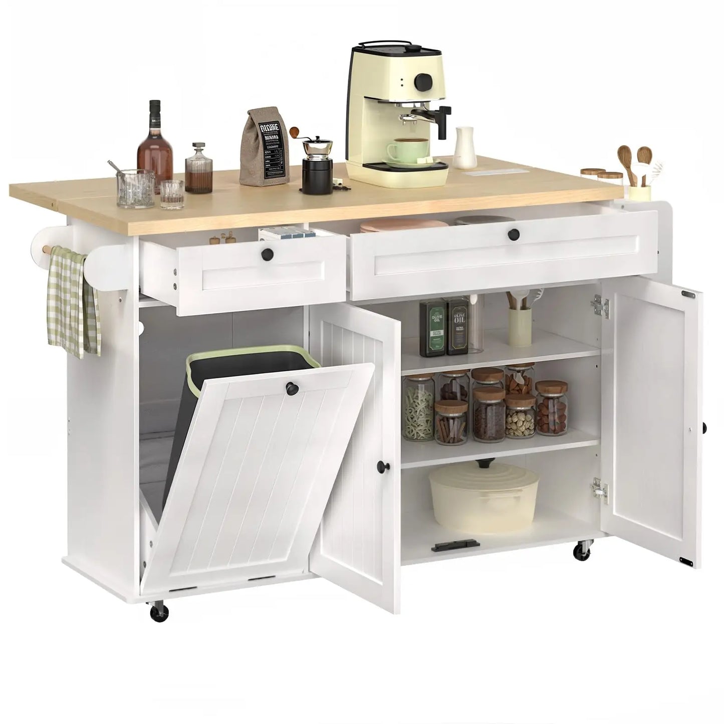ONBRILL Mobile Kitchen Island with Power Outlet and Drop Leaf