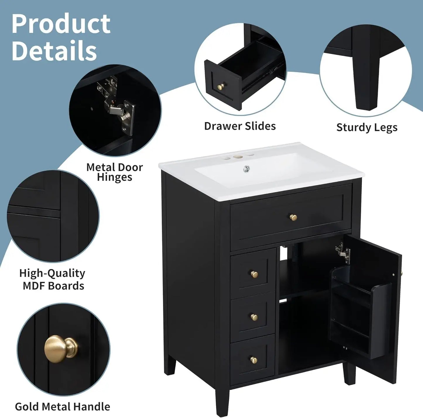 24" Bathroom Vanity with Sink Combo Set, Bathroom Cabinet with 3 Drawers and a Tip-Out Drawer, Adjustable Shelves, Soft, Custom