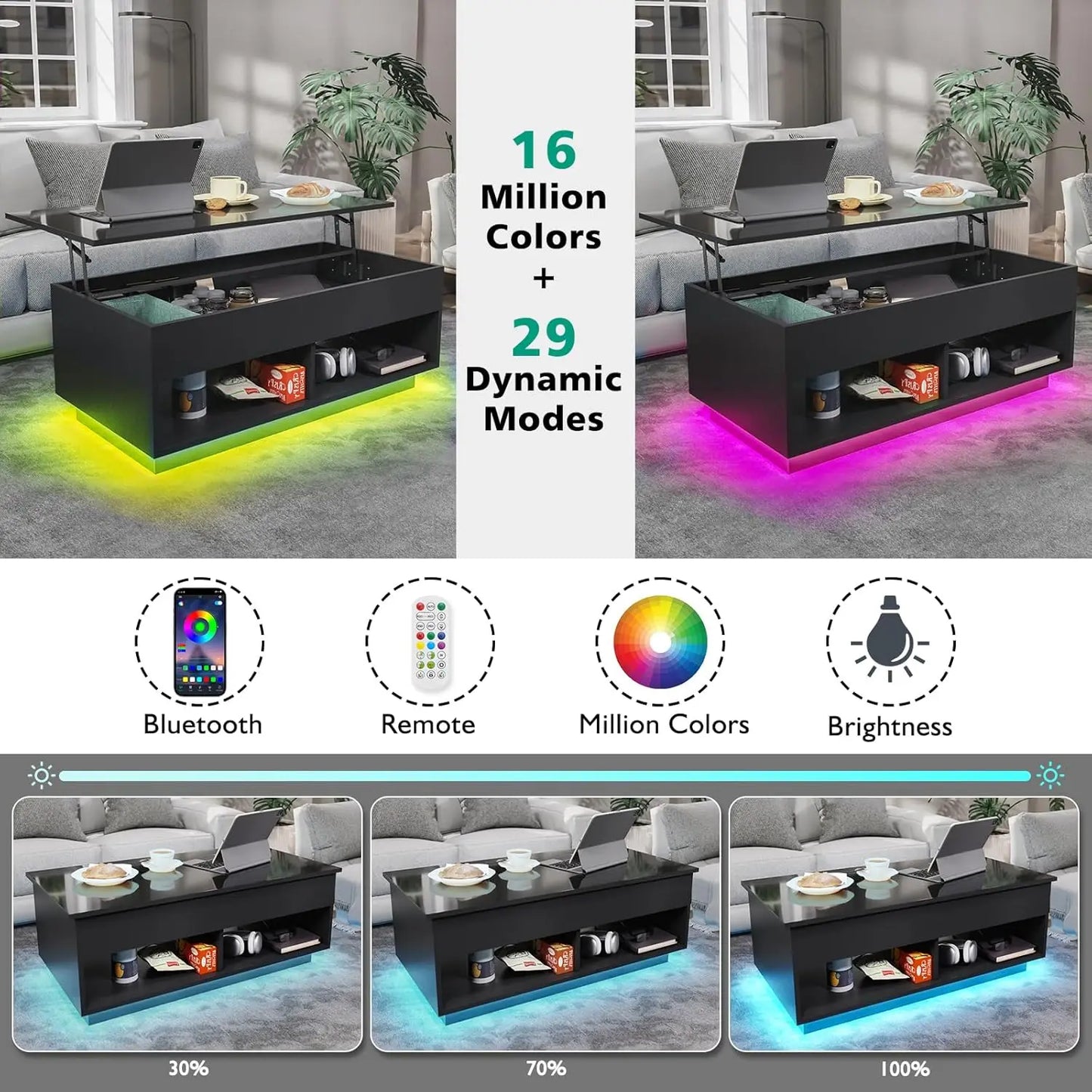 Hommpa Lift Top Modern LED Coffee Table With Storage