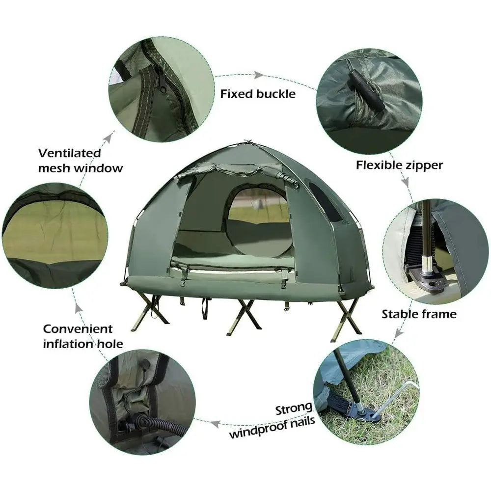 Moccha olding Camping Tent Cot with Sleng Bag and Air Mattr, Elevated Camping Tent with Carry Bag or Outdoor Activity, Hiking, P