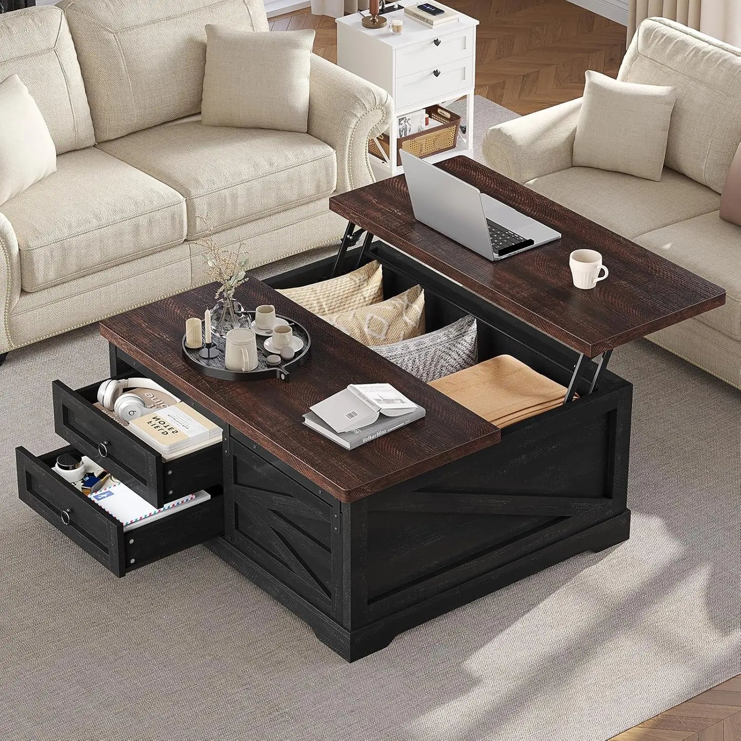 39.4in Lift Top Coffee Table Hidden Compartment 2 Drawers Adjustable Shelf Living Room , Custom