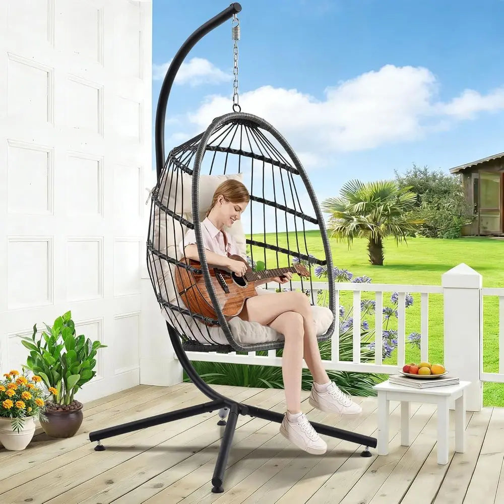 Egg Chair with Stand, Outdoor Hanging Swing Chairs, Indoor Hammock Egg Chair with Removable Cushion and Pillows, Patio Wicker Po