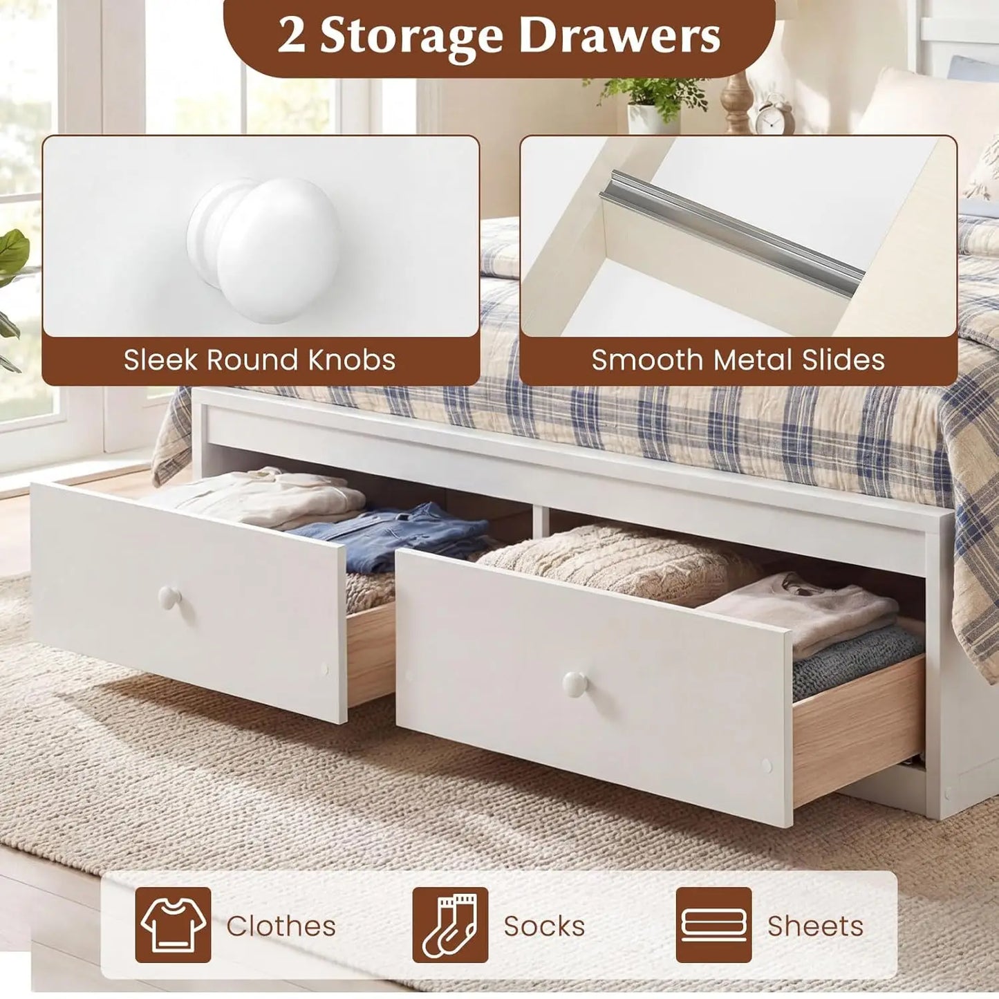 Full Storage Platform Bed Frame with Headboard Wooden Slat Support Enclosed Base No Box Spring Needed White Full, Custom