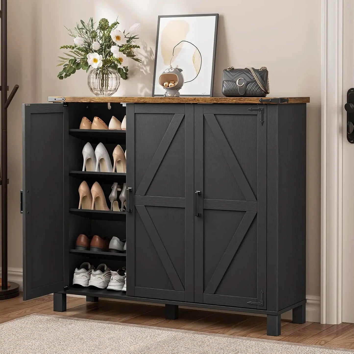 5-Tier Shoe Storage Cabinet, Farmhouse Shoe Rack Organizer Cabinet with 4 Adjustable Shelves & Side Cabinets,, Custom