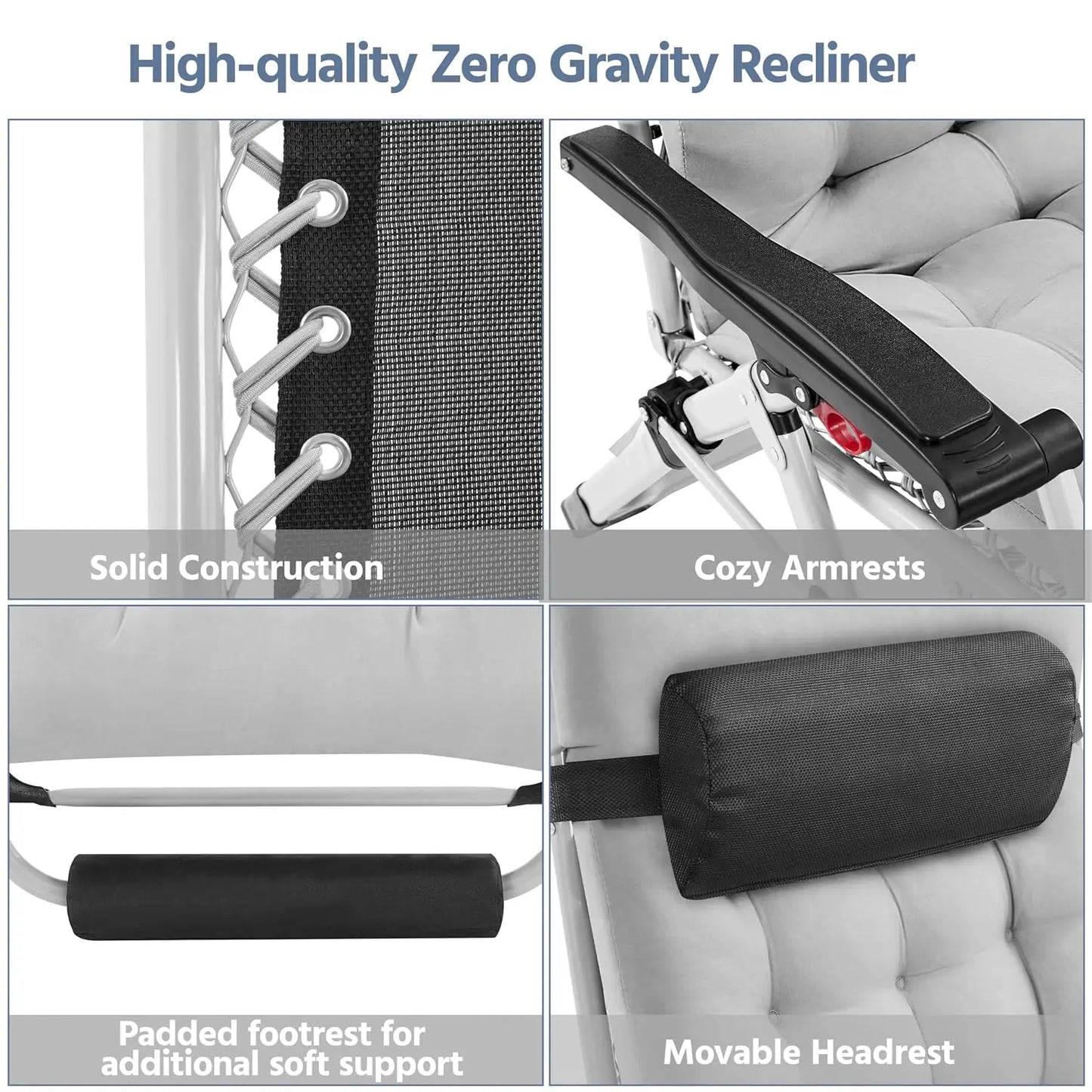 29in Zero Gravity Chair, Foldable Premium Reclining Lounge Recliner w/Removable Pad & Pillow & Side Accessory Tray for, Custom