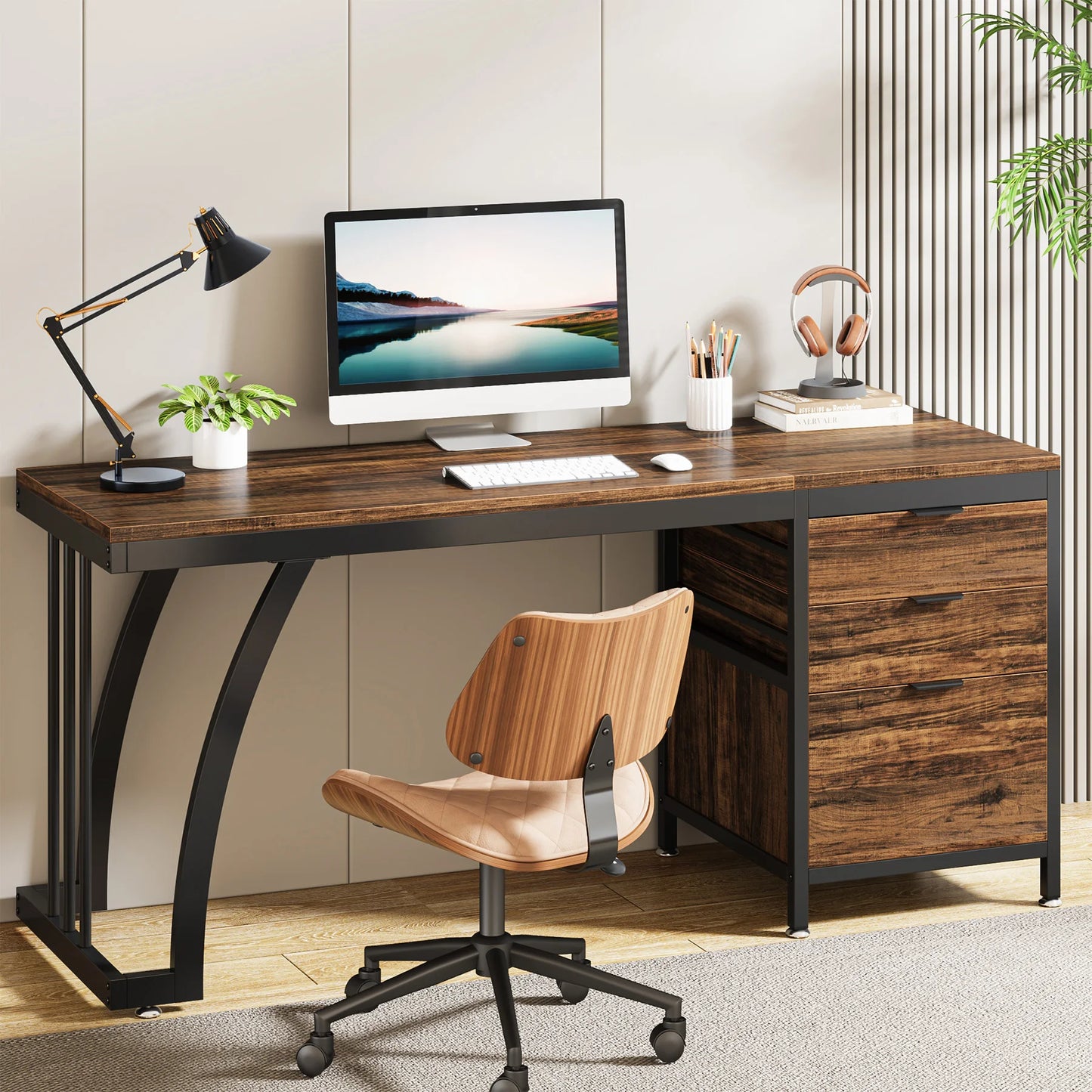 Tribesigns Industrial Computer Desk With Three Drawers And Storage
