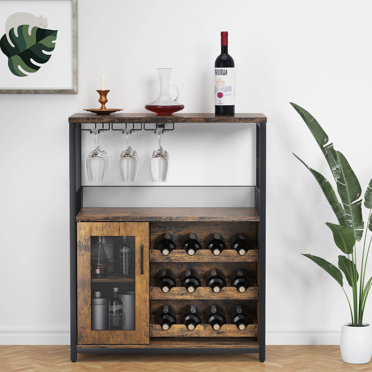 HiMISS Vintage 3 Tier Wine Bar Cabinet With Adjustable Shelves Glass Holders