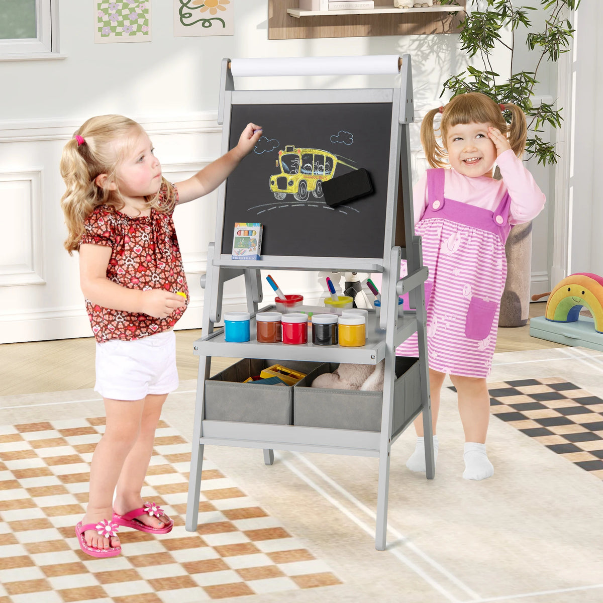 HOMASIS 3-in-1 Kids Art Easel with Magnetic Chalkboard and Whiteboard