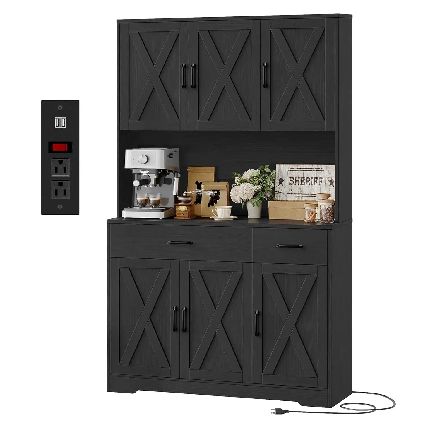 Chengwei Farmhouse Pantry Cabinet With Charging Station And Microwave Stand
