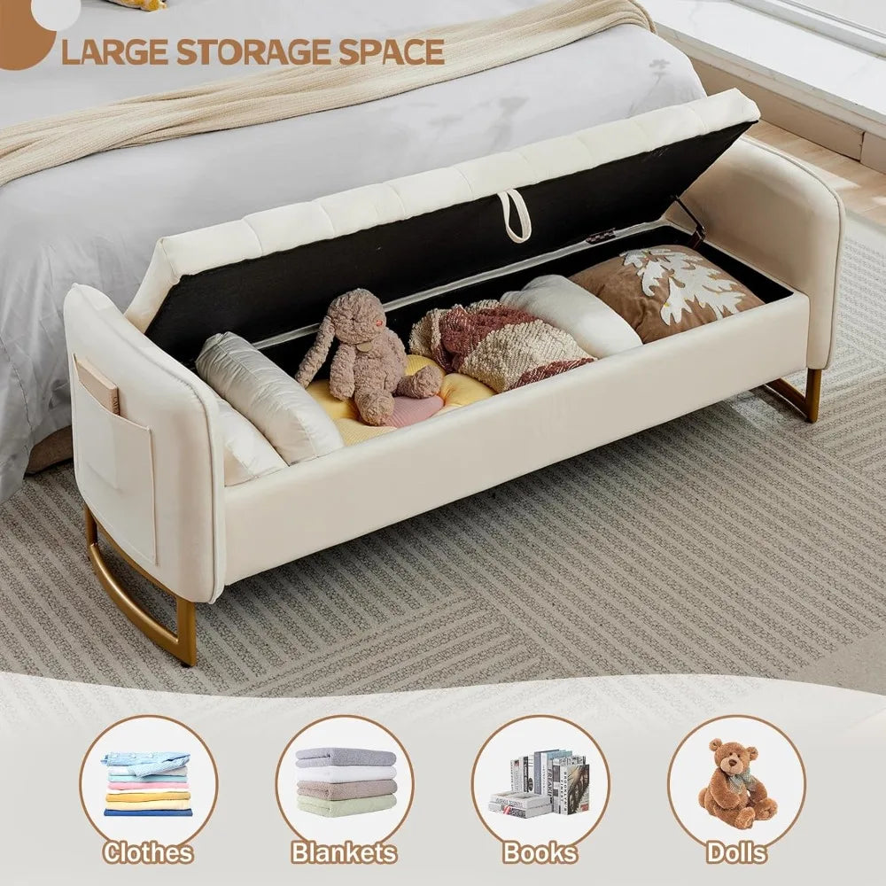 Velvet Storage Bench With Armrests And Gold Legs Pockets