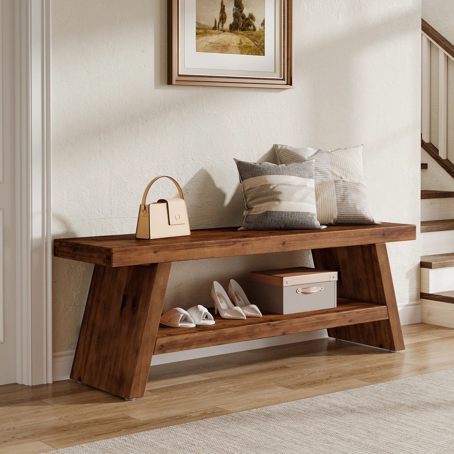 Tribesigns Two Tier Solid Wood Entryway Storage Bench