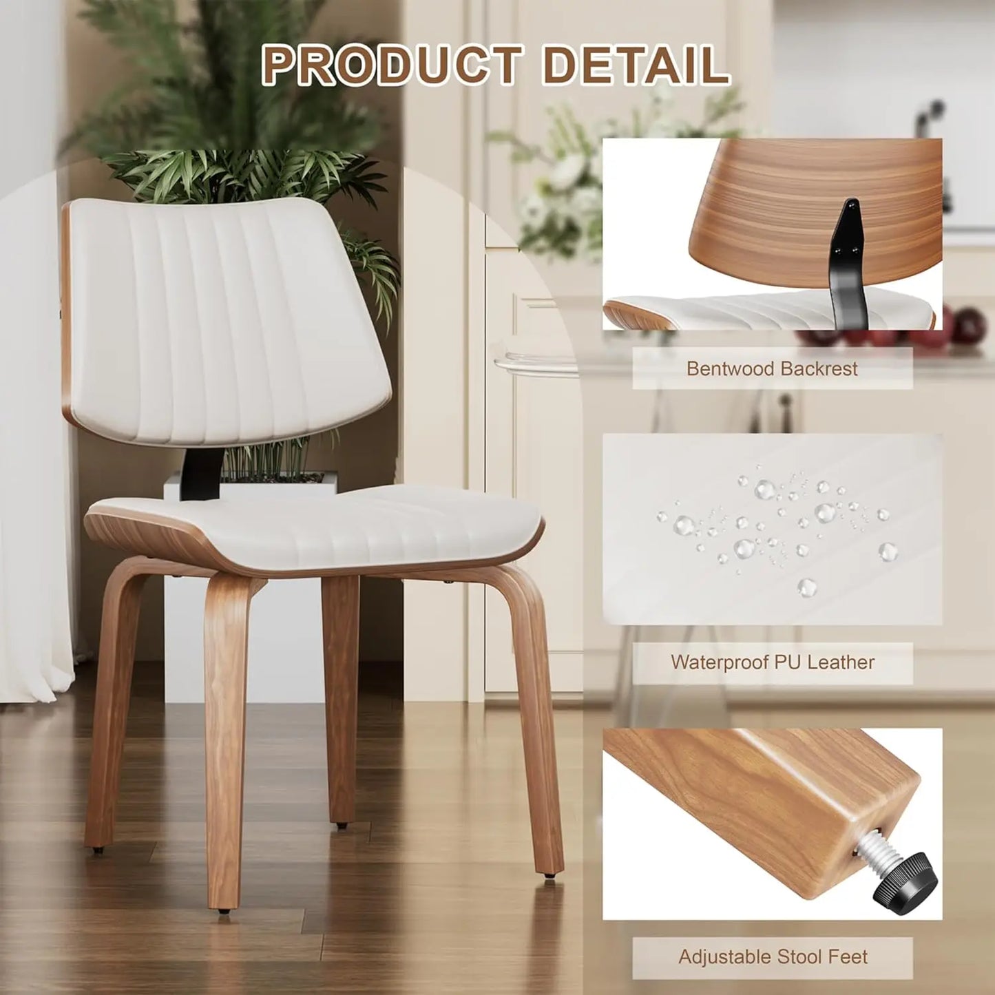Mid Century Upholstered Faux Leather Dining Chairs Set 2 Ergonomic Curved Walnut Bentwood Back Kitchen Living Room, Custom