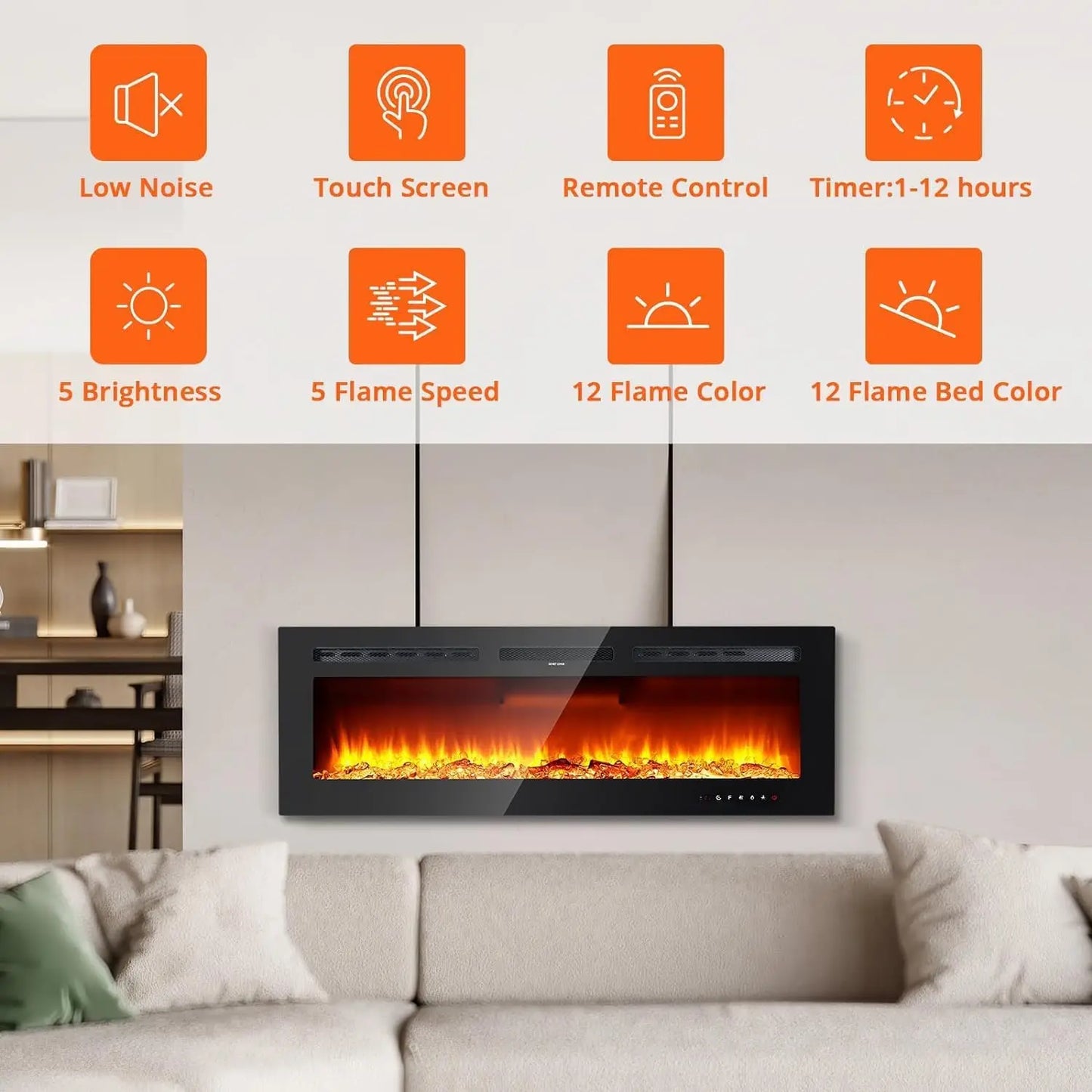 4/50/60inch Electric Fireplace 120V/1500W Heating 12 Flame Effect Remote Control Touch Screen Fireplace, 3D Wall Mount