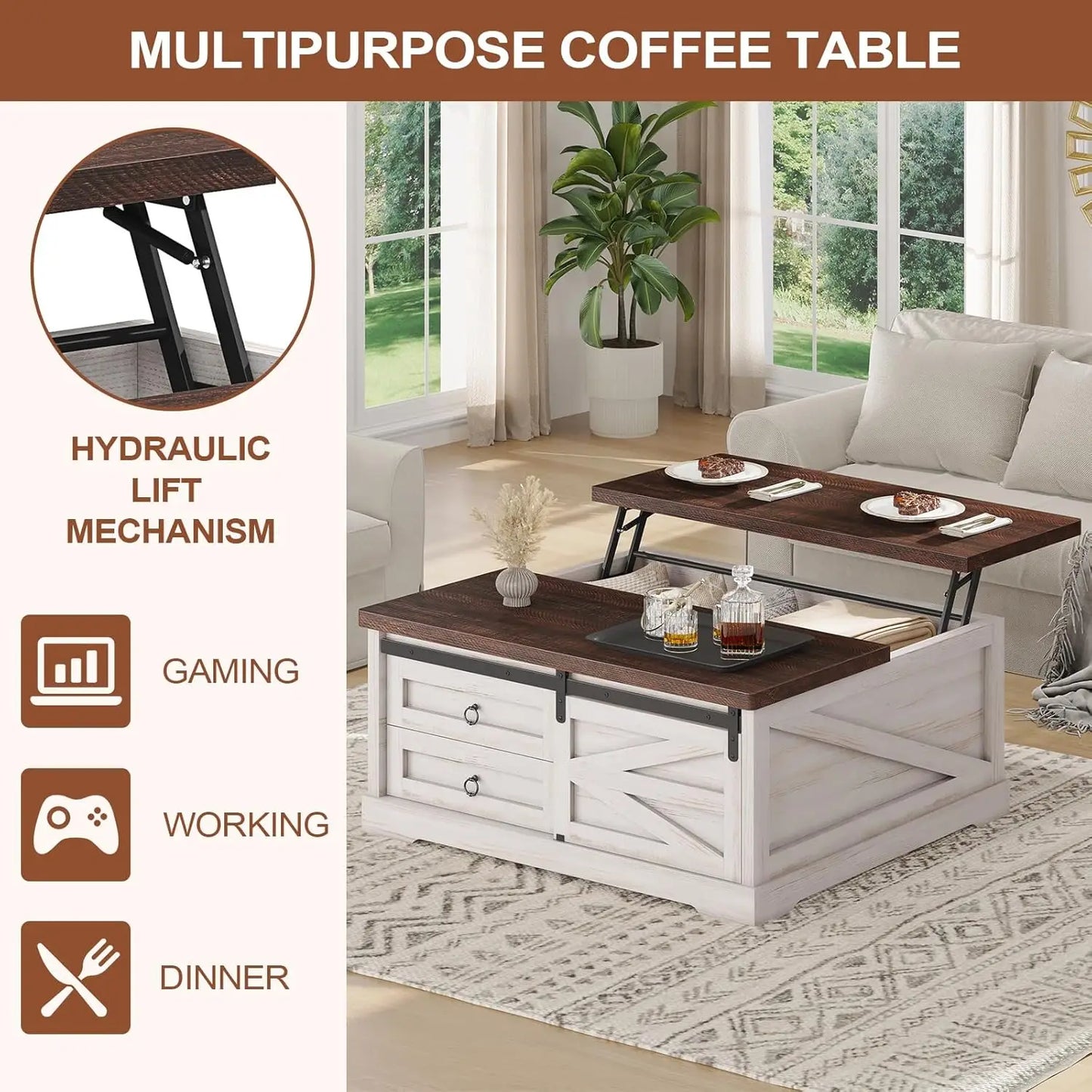 39.4in Lift Top Coffee Table Hidden Compartment 2 Drawers Adjustable Shelf Living Room , Custom