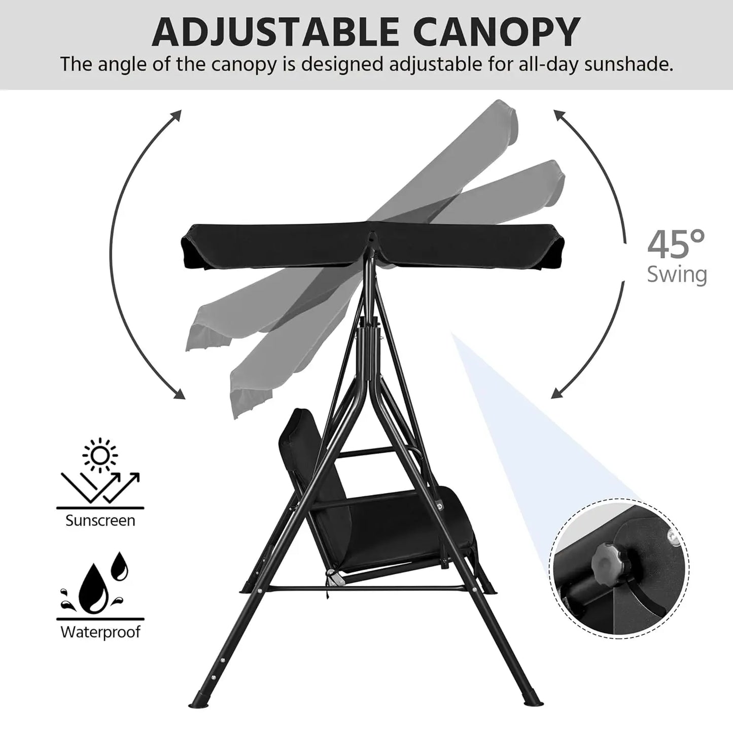 3-Seat Patio Swing Chair, Outdoor Canopy Porch with Adjustable Canopy & Removable Cushion, Hanging Glider Lounge Chair, Custom