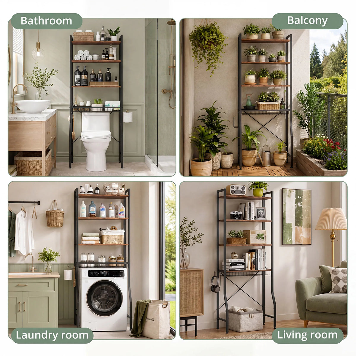 JHK 4-Tier Freestanding Bathroom Organizer Shelf Over Toilets with Adjustable Storage Rack Shelf and Basket Space Saver Above Toilet Storage Cabinet with 3 Hooks for Rooms