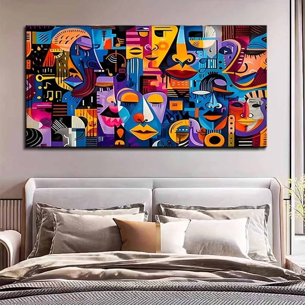 With stylized faces and geometric shapes, 1.5 inch thick pine frame, modern vintage art, suitable for interior decoration