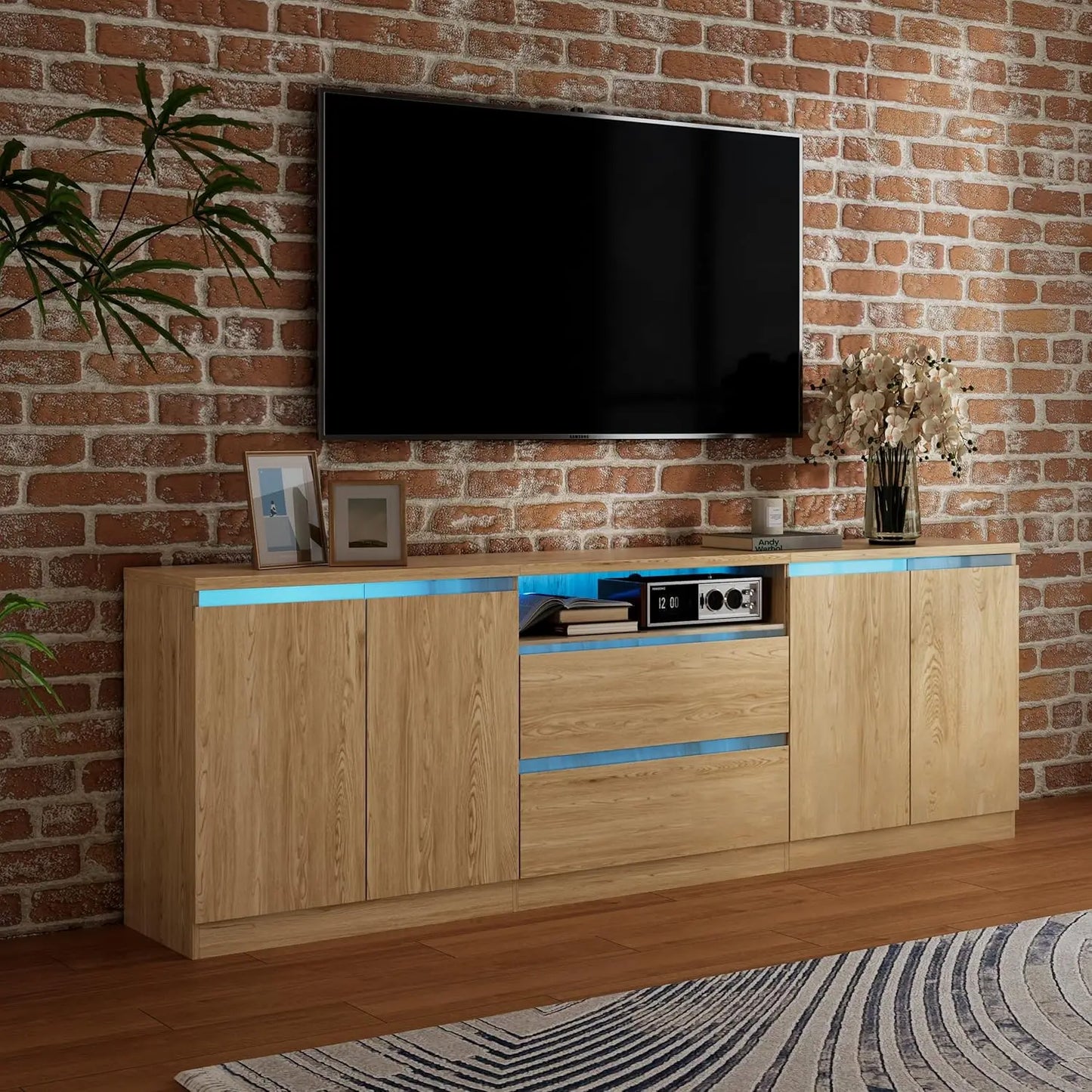 Farmhouse TV Stand for TVs up to 100", Modern Entertainment Center with 2 Cabinets and 3-Tier Open Shelves, Rustic, Customized