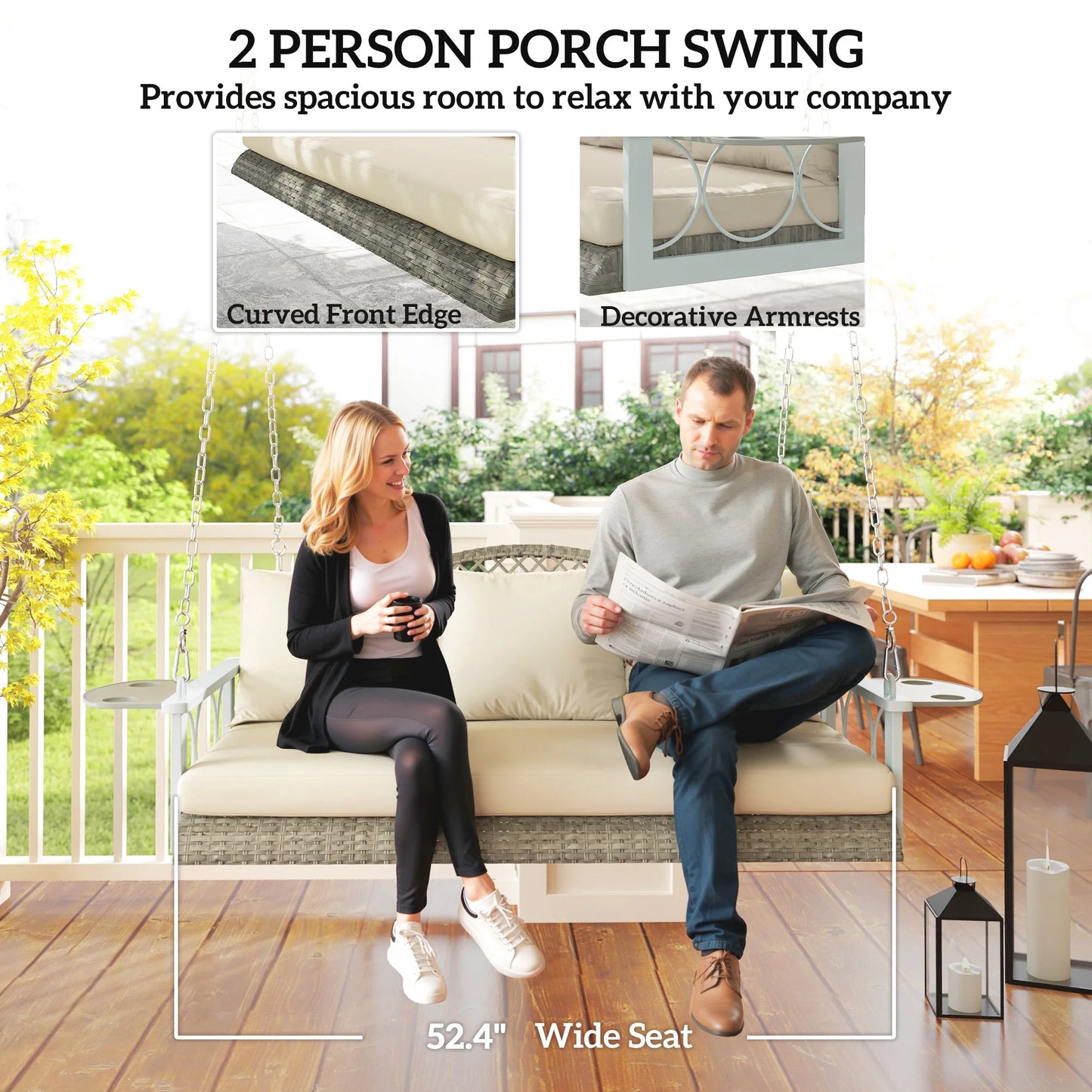 Outsunny 2 Person Wicker Hanging Porch Swing, 57 Inch Outdoor Porch Swing with Cup Holder, 800 Lbs Rattan Outdoor Patio Swing