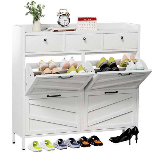 Metal Shoe Cabinet With 4 Flip Drawers And Top Drawers