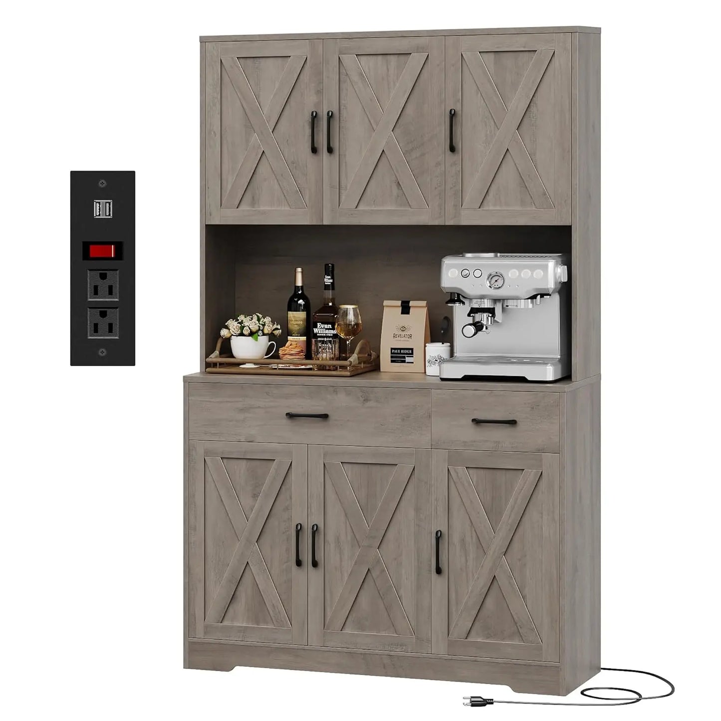 Chengwei Farmhouse Pantry Cabinet With Charging Station And Microwave Stand