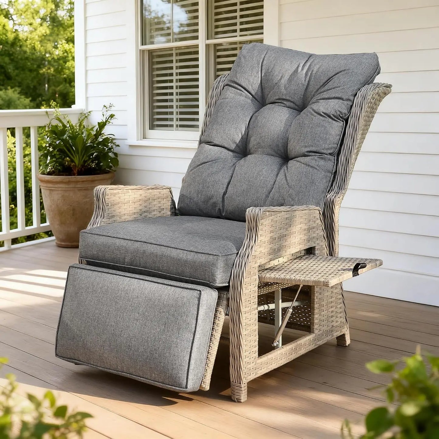 Outdoor Indoor Wicker Recliner with Adjustable Back and Footrest, Patio Reclining Chair with Flip-up Table, Outdoor, Custom