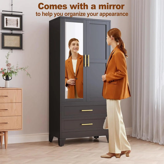 Metal Wardrobe Closet With Mirror, Drawers And Hanging Rod